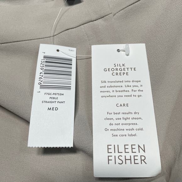 Eileen Fisher Pants Womens Medium Beige Peble Straight Silk Georgette Crepe New - Picture 5 of 10
